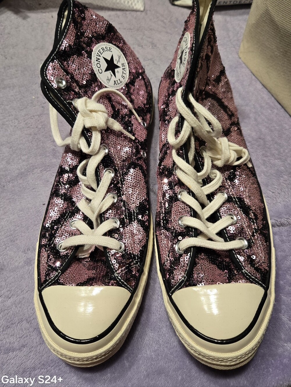 Converse Pink and Black Sequin High-Top Sneakers with Black Trim Size 12